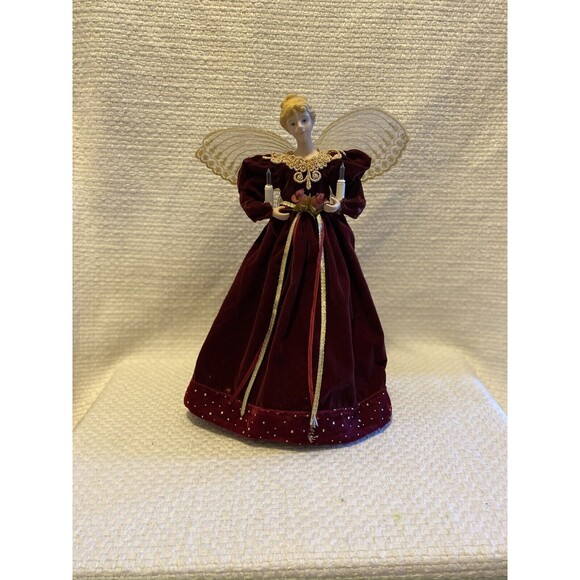 Vintage Christmas Angel Tree Topper Blonde Hair Maroon Velvet Gown Lights Wings - Picture 1 of 14